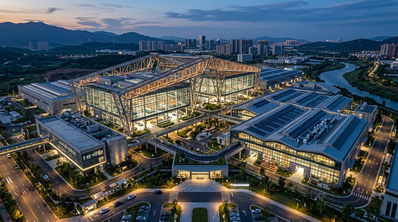 High-tech industrial manufacturing campus at twilight with steel trusses and glass curtain facade